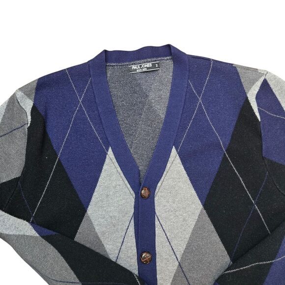 Paul Jones Argyle Button-Up Cardigan Classic Preppy Navy Gray Blk Sweater Size M - Picture 1 of 11